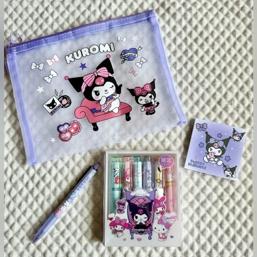 New Sanrio Kuromi Zip Pouch, Pen, Highlighter Markers, Note Pad - Set of 4